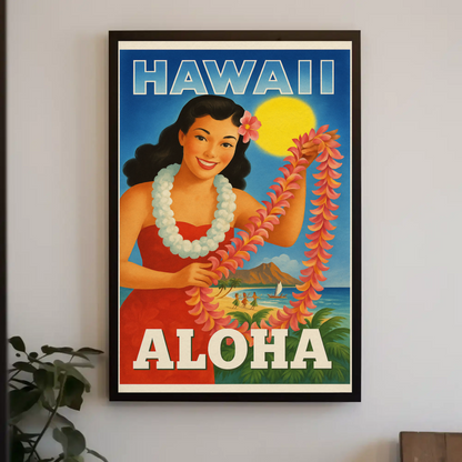 Vintage Hawaii Girl Lei Diamond Head Beach Travel Poster