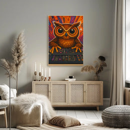 Stylized Owl DJing at Console Abstract Pop Culture Poster