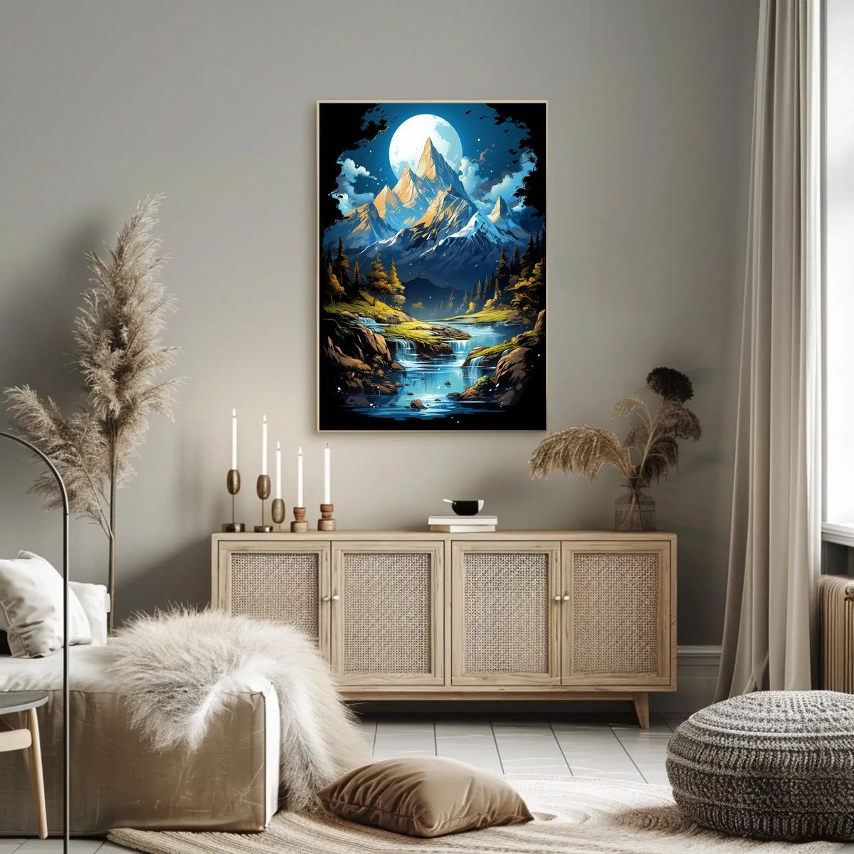 Enchanted Moonlit Mountain Landscape Fantasy Art Poster