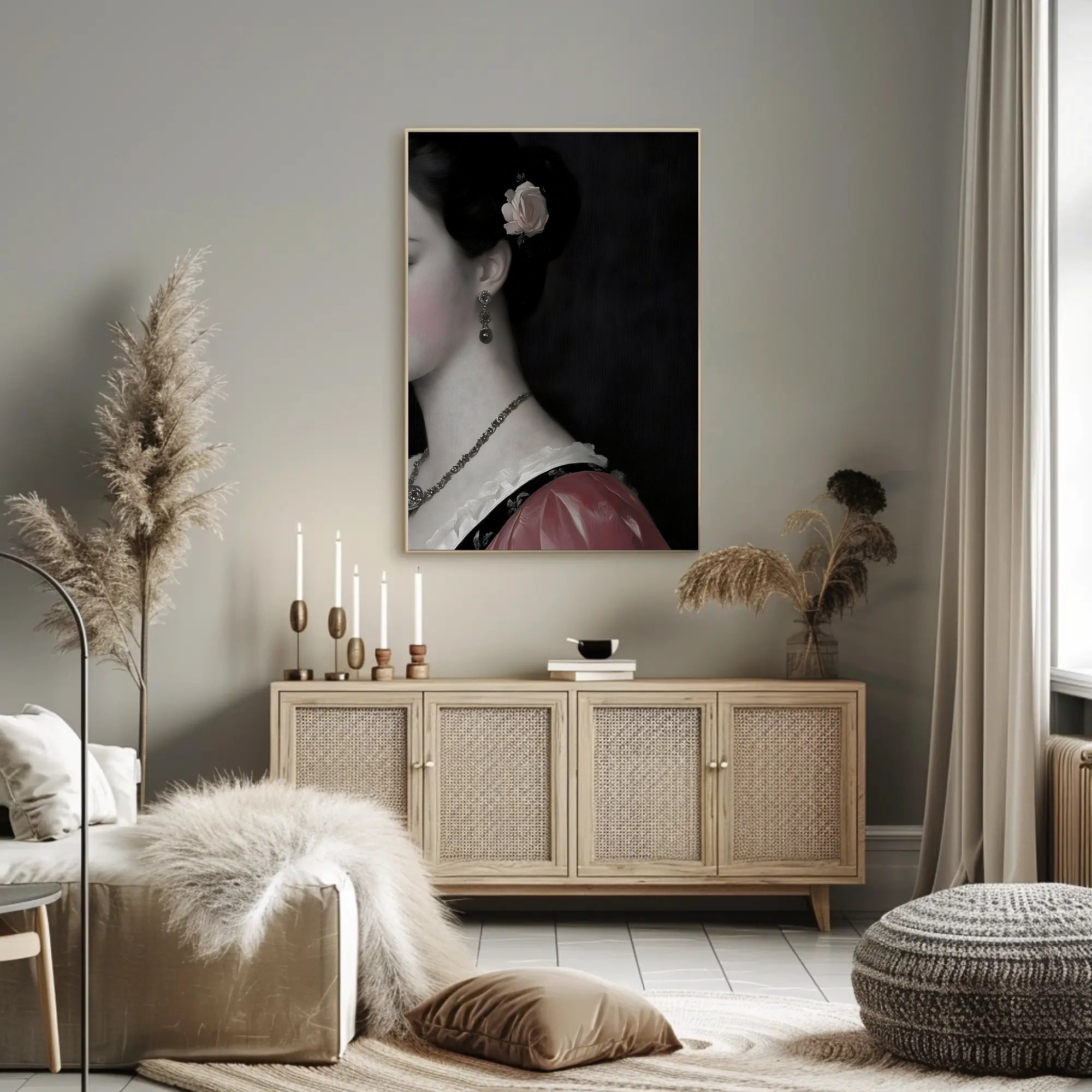 Elegant Portrait of Woman with Rose in Heritage Poster PosterGoat