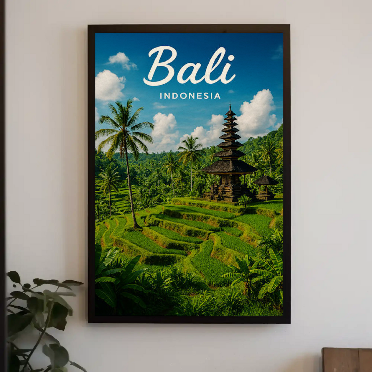 Bali Indonesia Rice Fields Temple Travel Poster