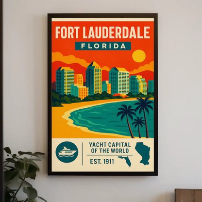 Fort Lauderdale Florida Skyline Palms Sunset Travel Poster
