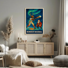 Reindeer Baseball Scene Under Northern Lights - Fantasy or Mythology Poster
