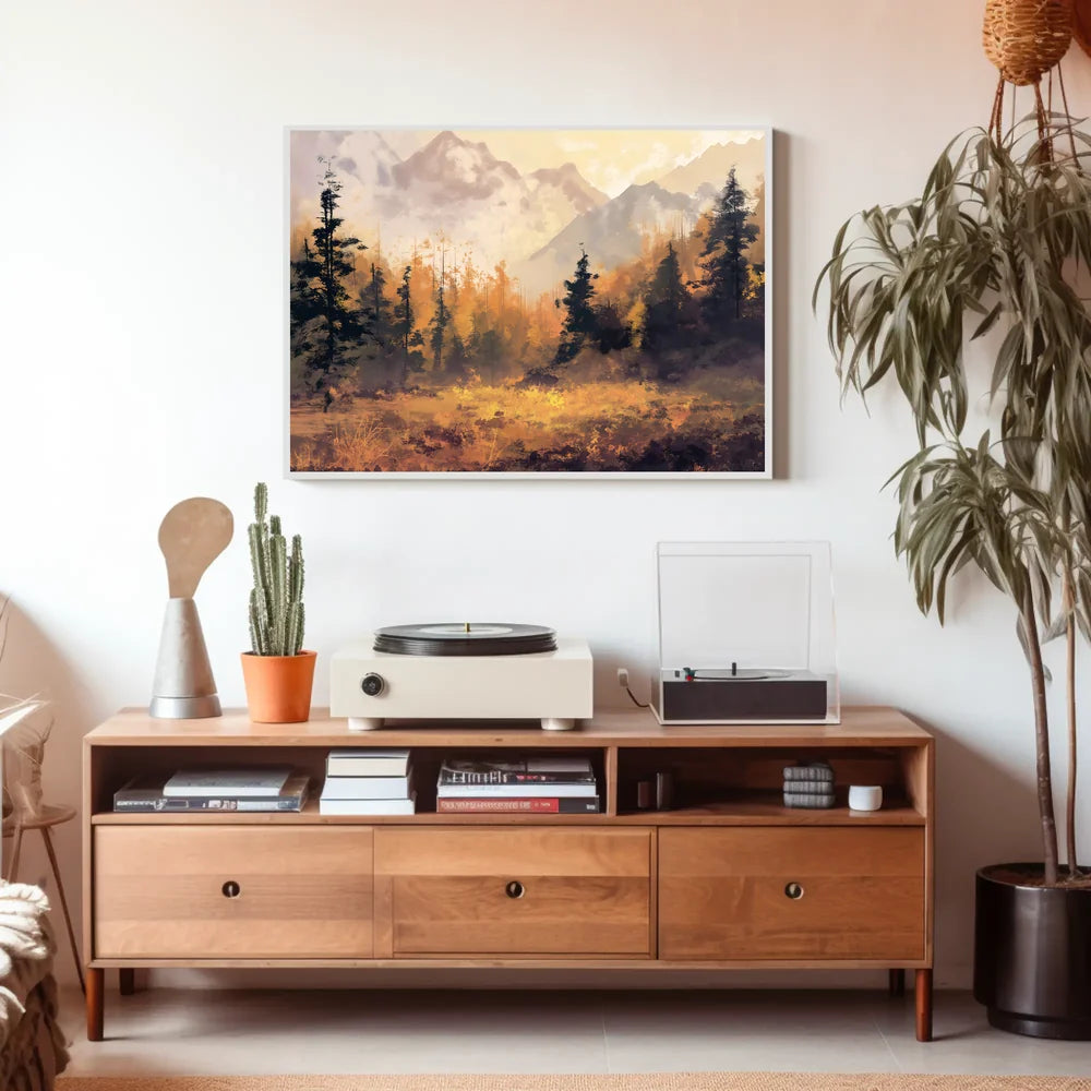 Autumn Tranquility: Impressionistic Forest and Mountains Poster