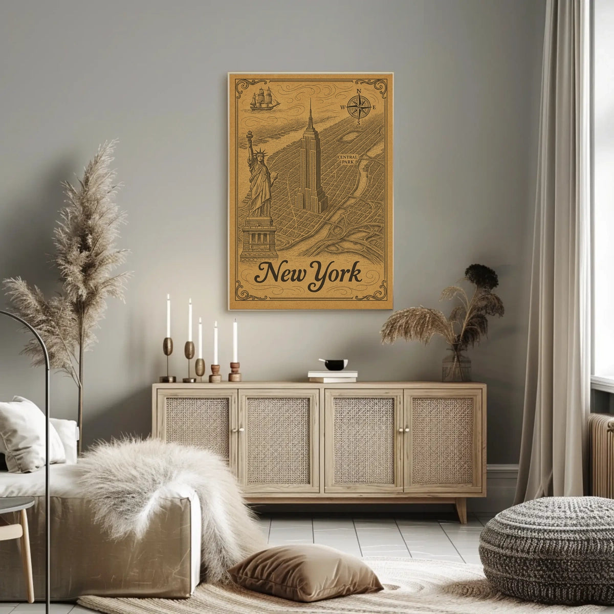 New York City Engraved Skyline Poster Vintage Wall Art