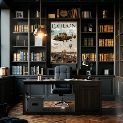 London Steampunk Flying City Bridge Fantasy Poster