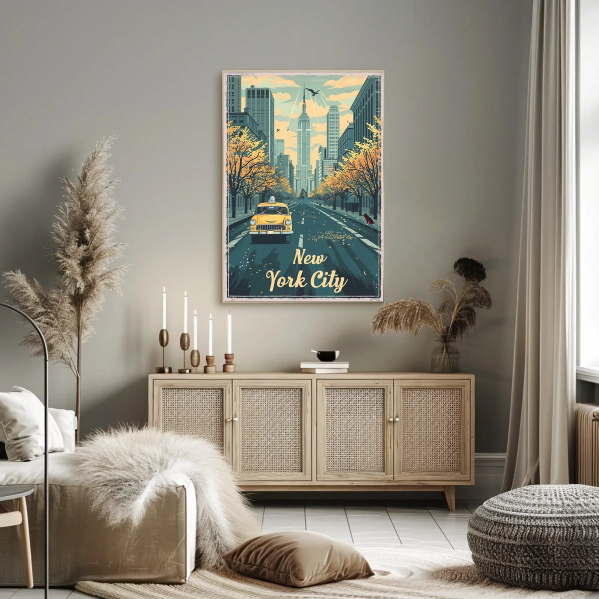 New York City Autumn Taxi Skyline Poster Vintage Wall Art