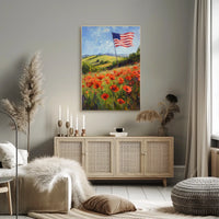 peaceful field of poppies with one large American flag Poster