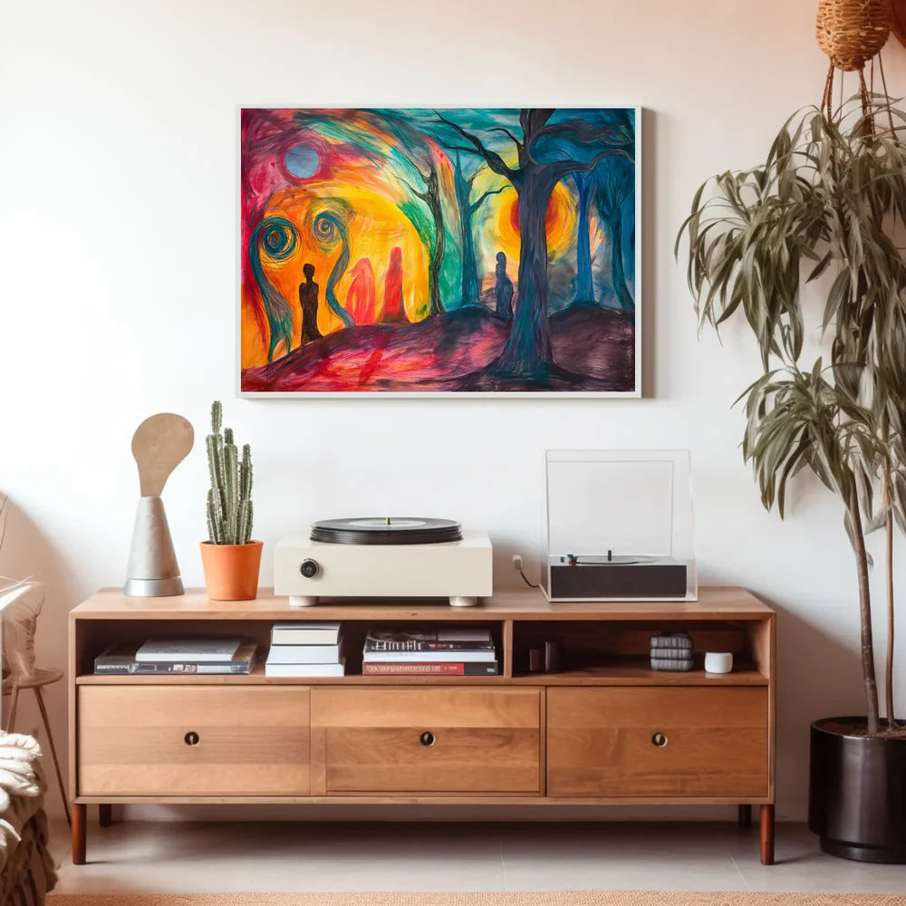 The poster is an abstract, surrealistic artwork with a vibrant and emotive theme. Travel Poster