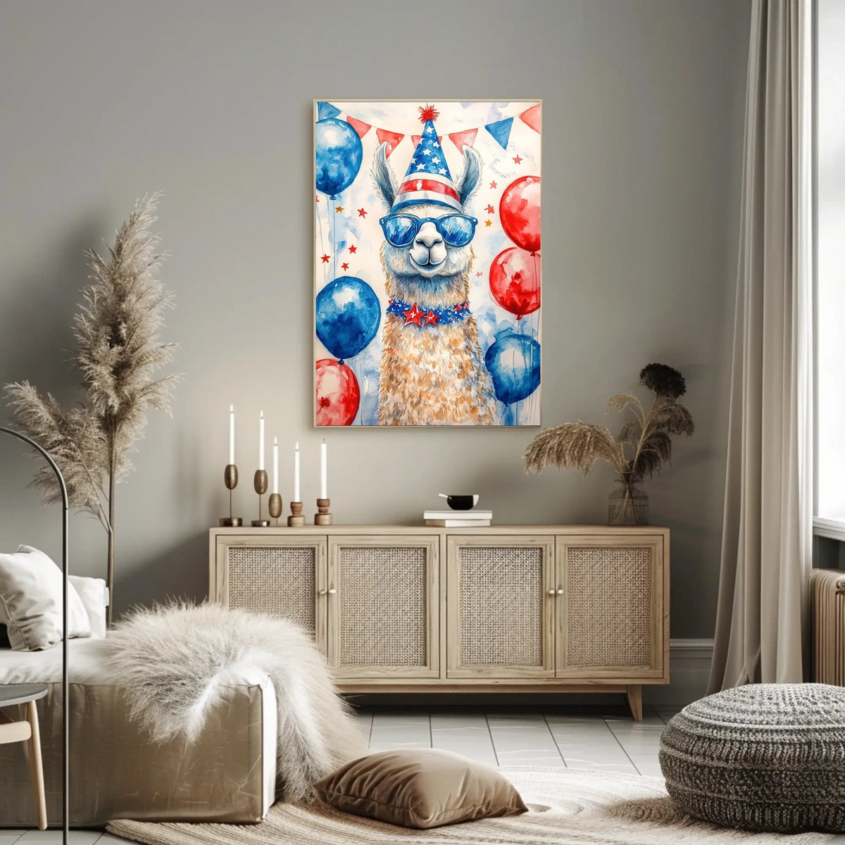 Playful watercolor of a llama wearing a stars and stripes hat and sunglasses standing in front of bunting and balloons in red white and blue Poster