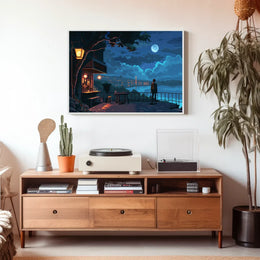 Moonlit Terrace: Pixel Art Nightscape Poster