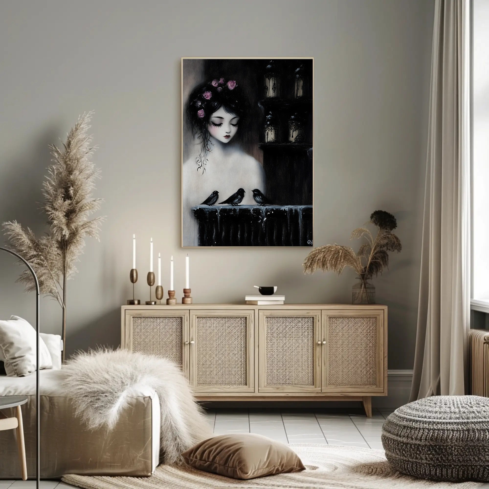 Ethereal Gothic Woman with Roses and Birds Poster PosterGoat