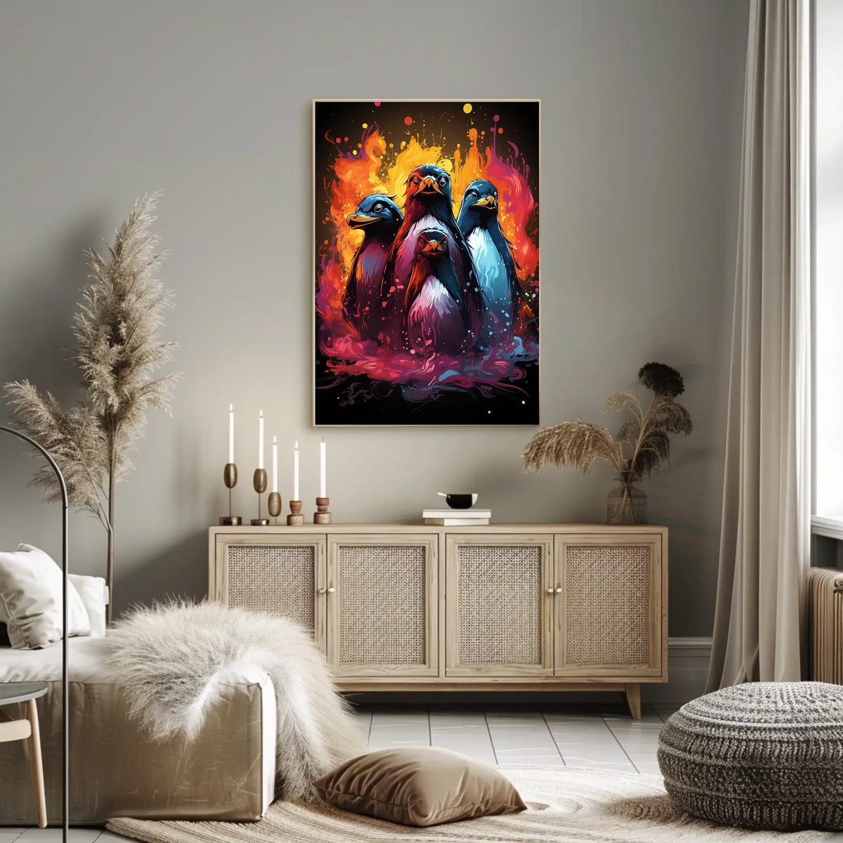 Vibrant Abstract Penguins Poster: Colorful Animal Art