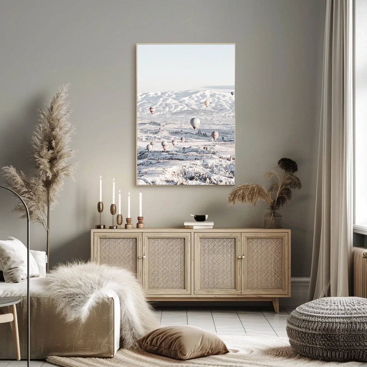 Serene Hot Air Balloons Over Snowy Landscape Travel Poster