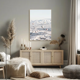 Serene Hot Air Balloons Over Snowy Landscape Travel Poster