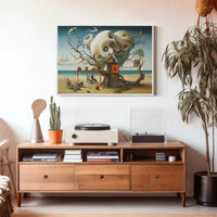 This surreal poster depicts a fantastical scene on a beach setting. Dominating the Travel Poster