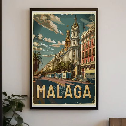 Malaga Urban Cityscape with Palm-Lined Boulevard Travel Poster