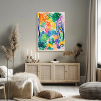 The poster depicts a vibrant and colorful landscape, likely representing a lush forest Travel Poster
