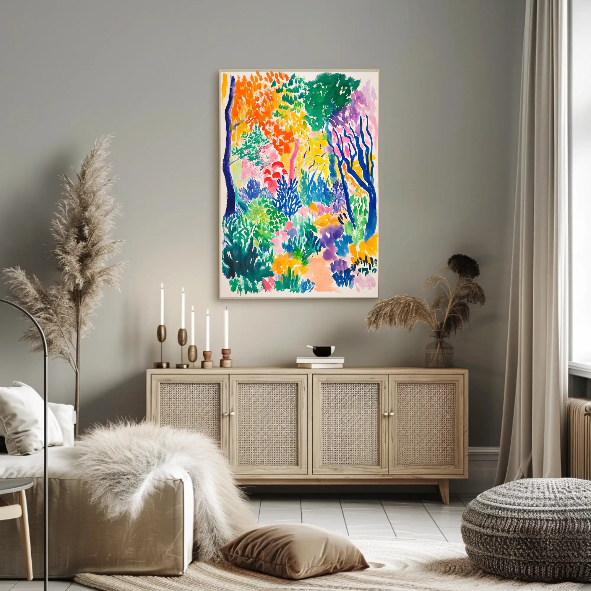 The poster depicts a vibrant and colorful landscape, likely representing a lush forest Travel Poster