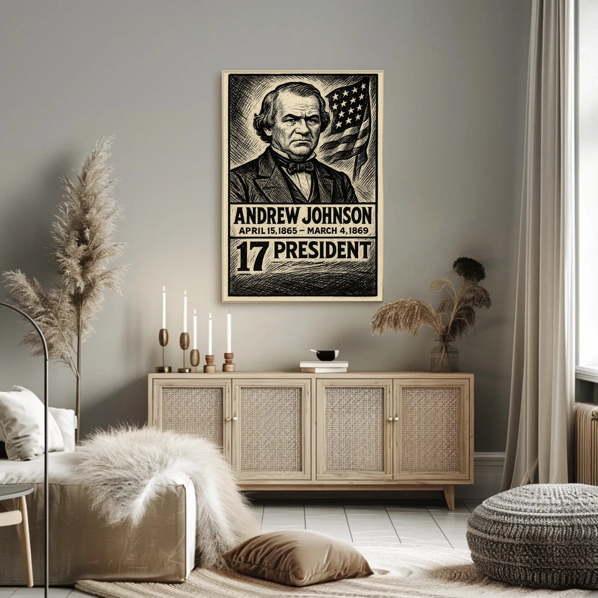 Andrew Johnson 17th President of the United States B & W Comic Sketch Poster