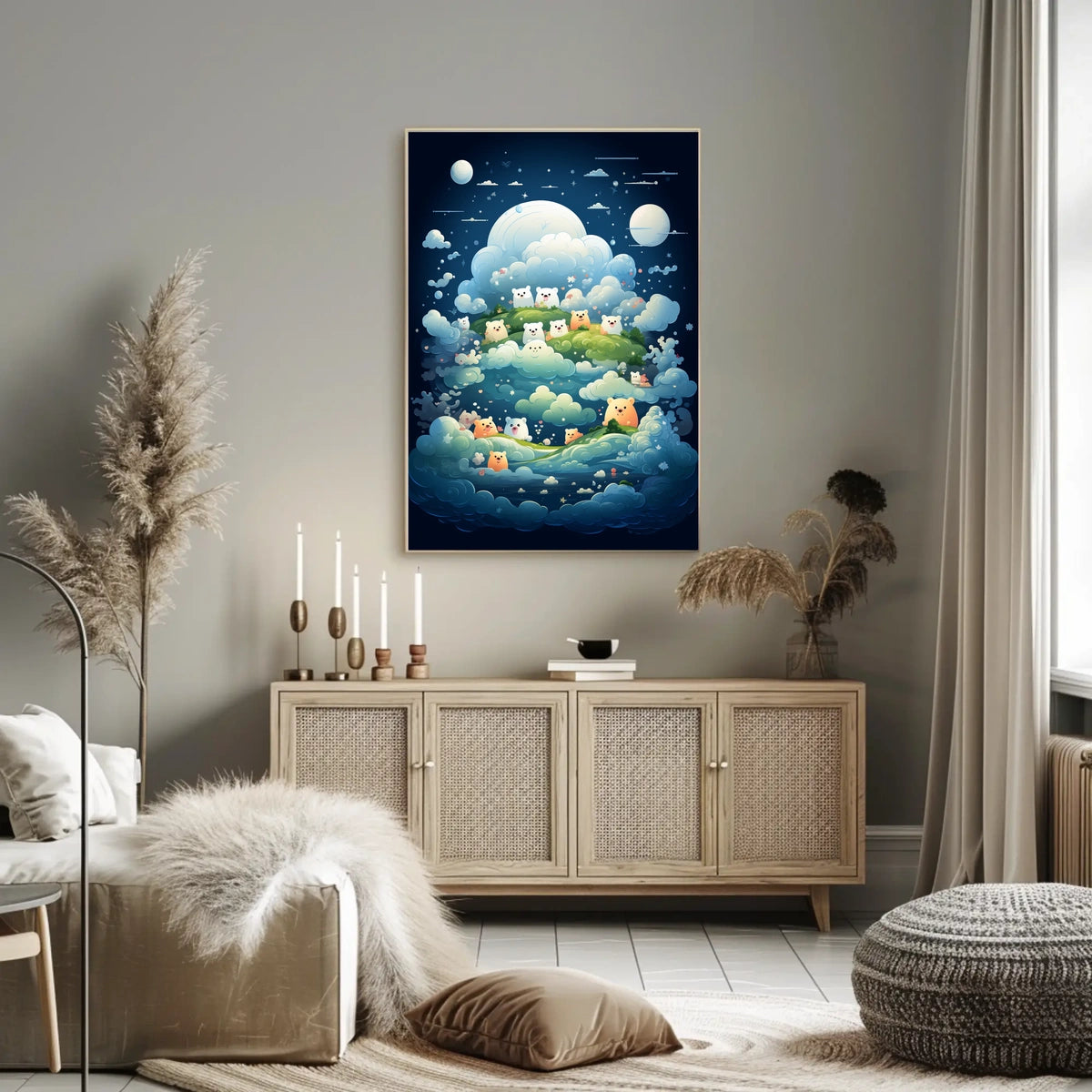 Whimsical Nightscape Poster with Dreamy Bear Creatures
