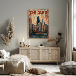 Chicago Skyline Vintage Distressed Urban Cityscape Nostalgic Decor Timeless Heritage Poster