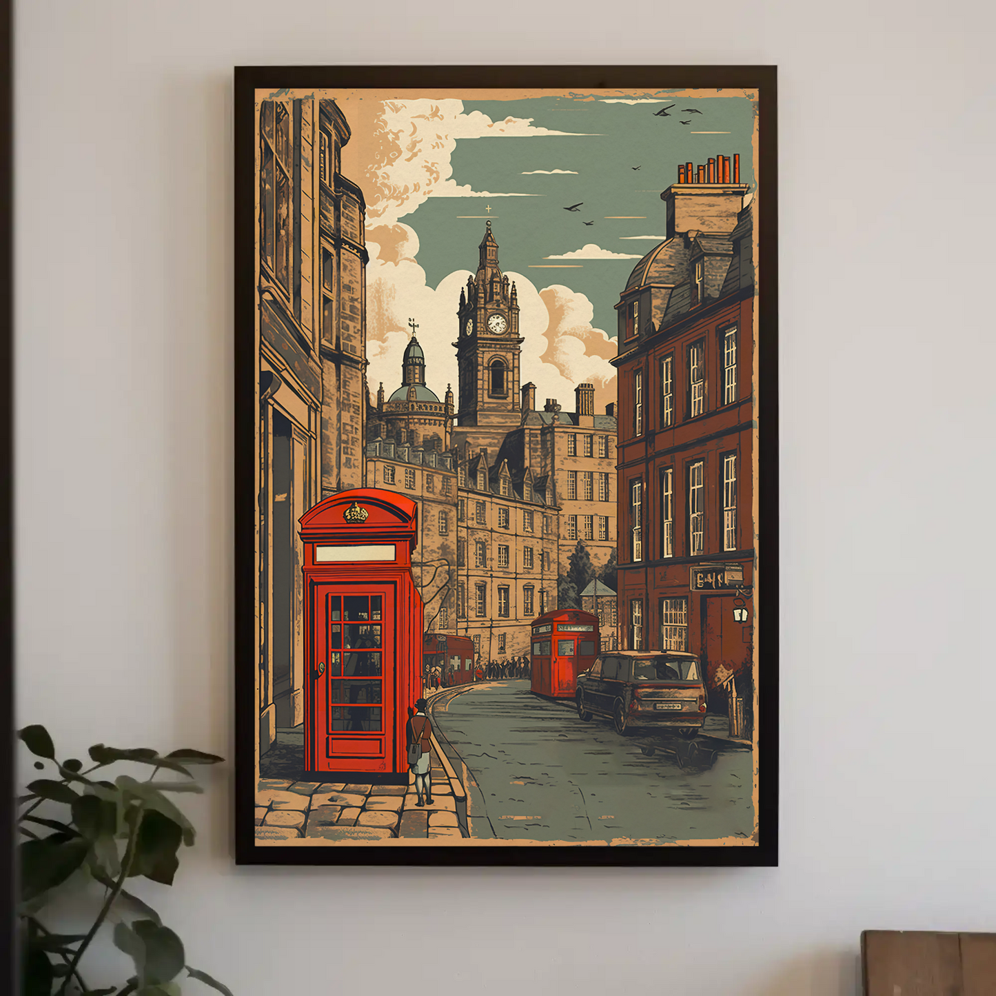 European City Clock Tower Phone Box Vintage Travel Poster