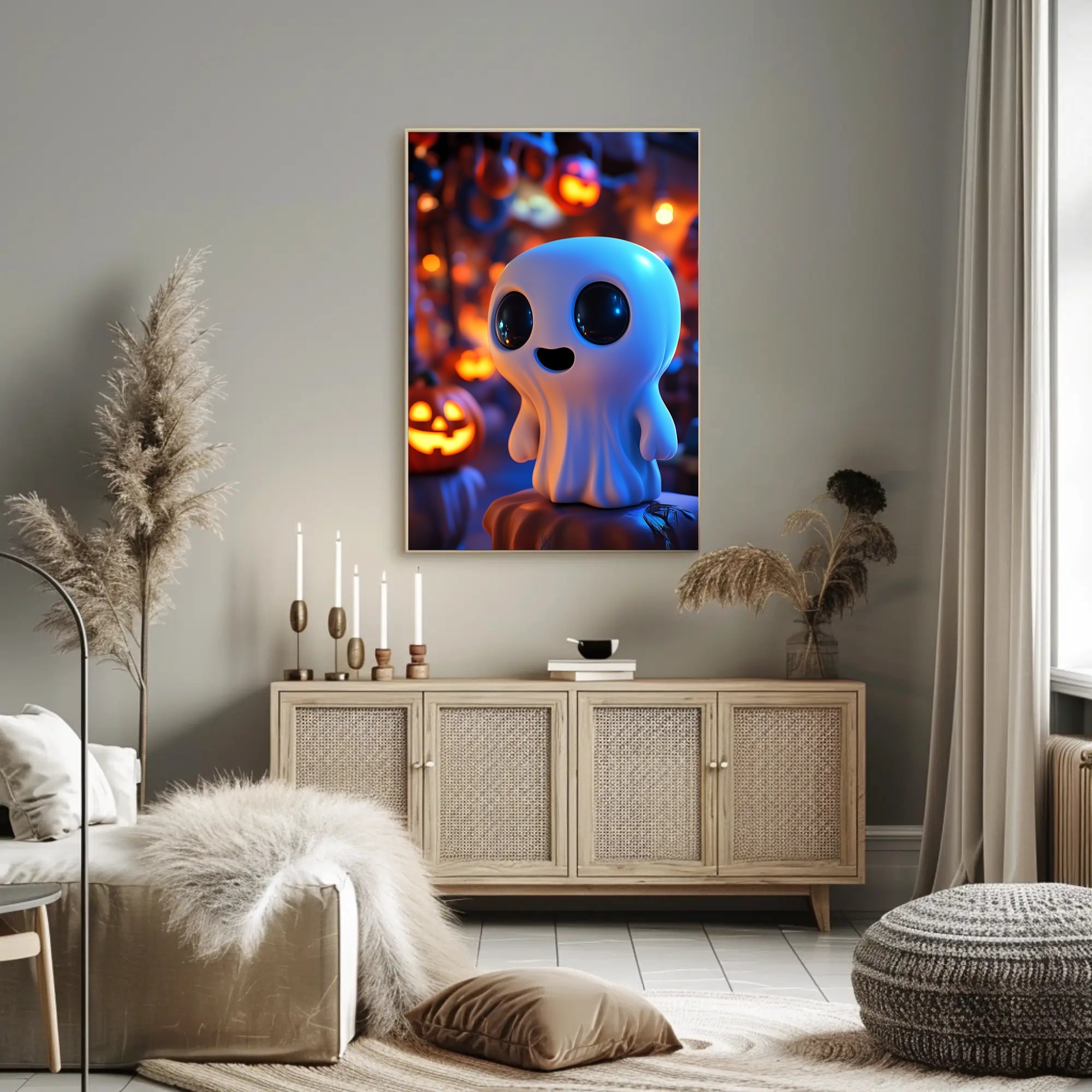 Cute Ghost with Pumpkins: Vibrant Halloween Pop Culture Poster