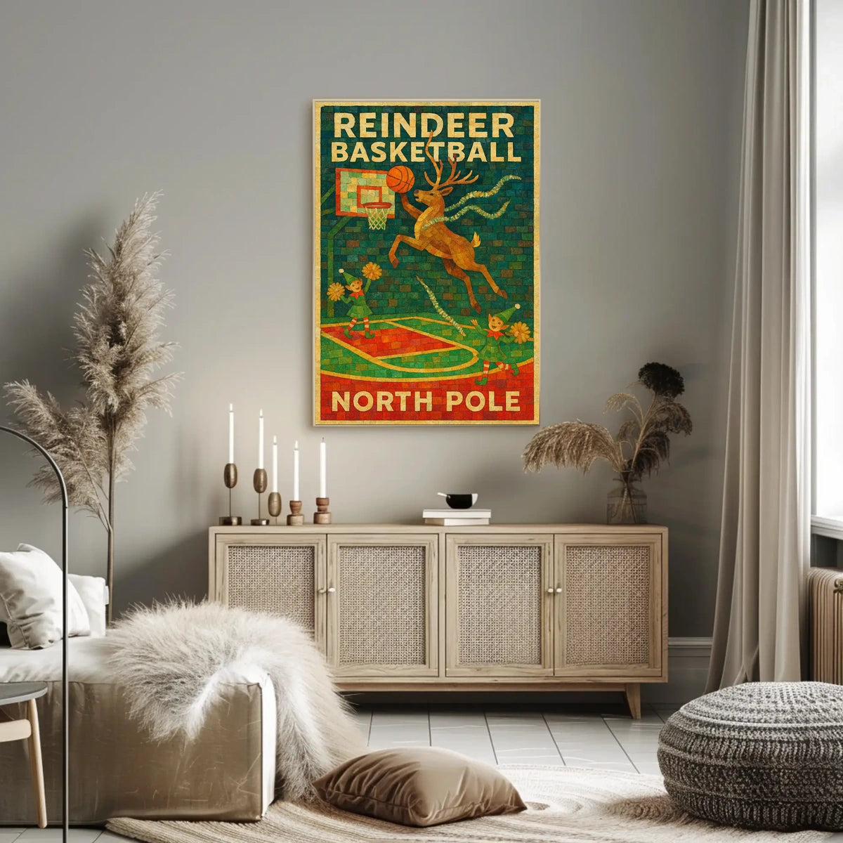 Reindeer Basketball at the North Pole Poster