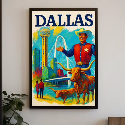 Dallas Texas Bridge Longhorn Cowboy Travel Poster