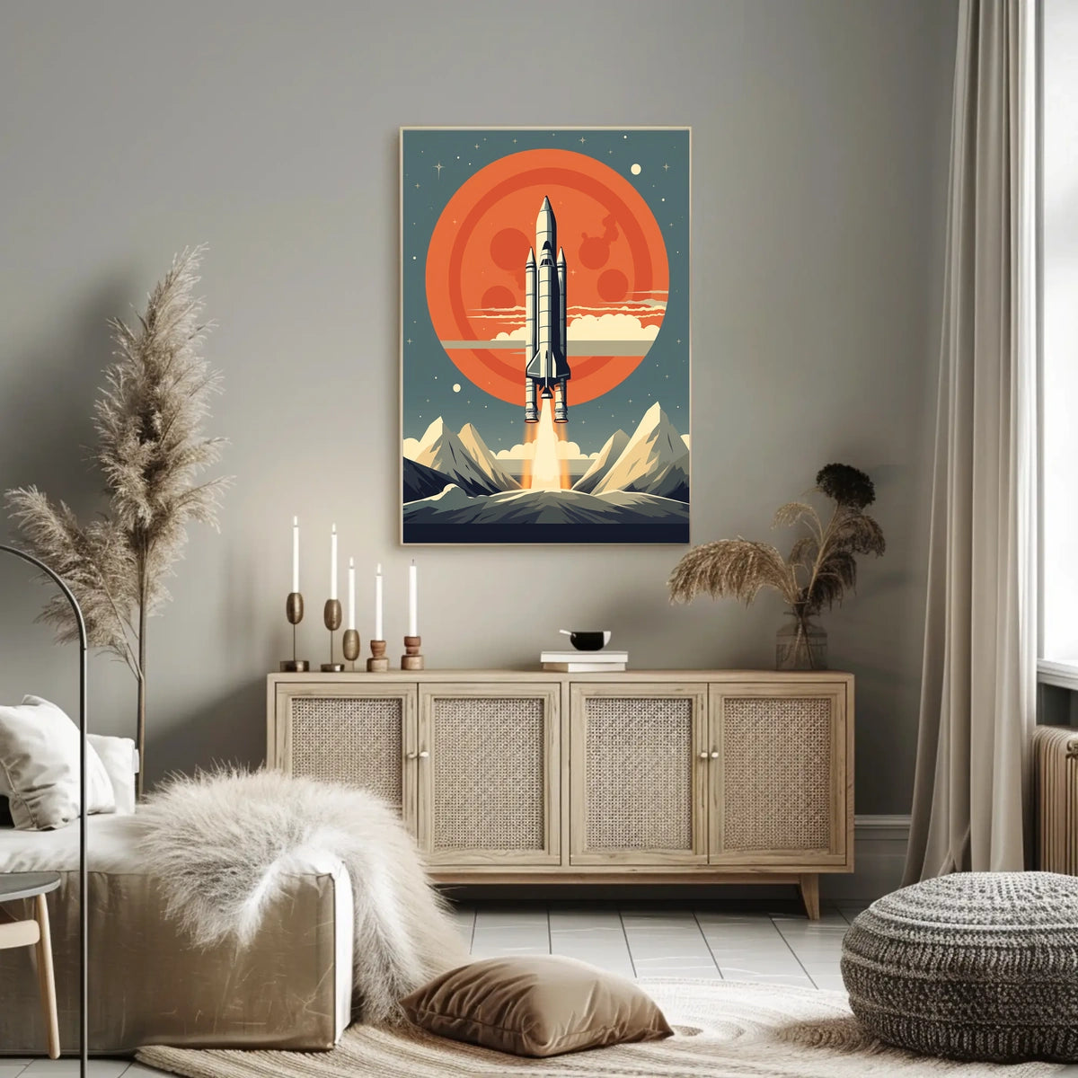 Retro Space Shuttle Launch Scene: Futuristic Sci-Fi Poster