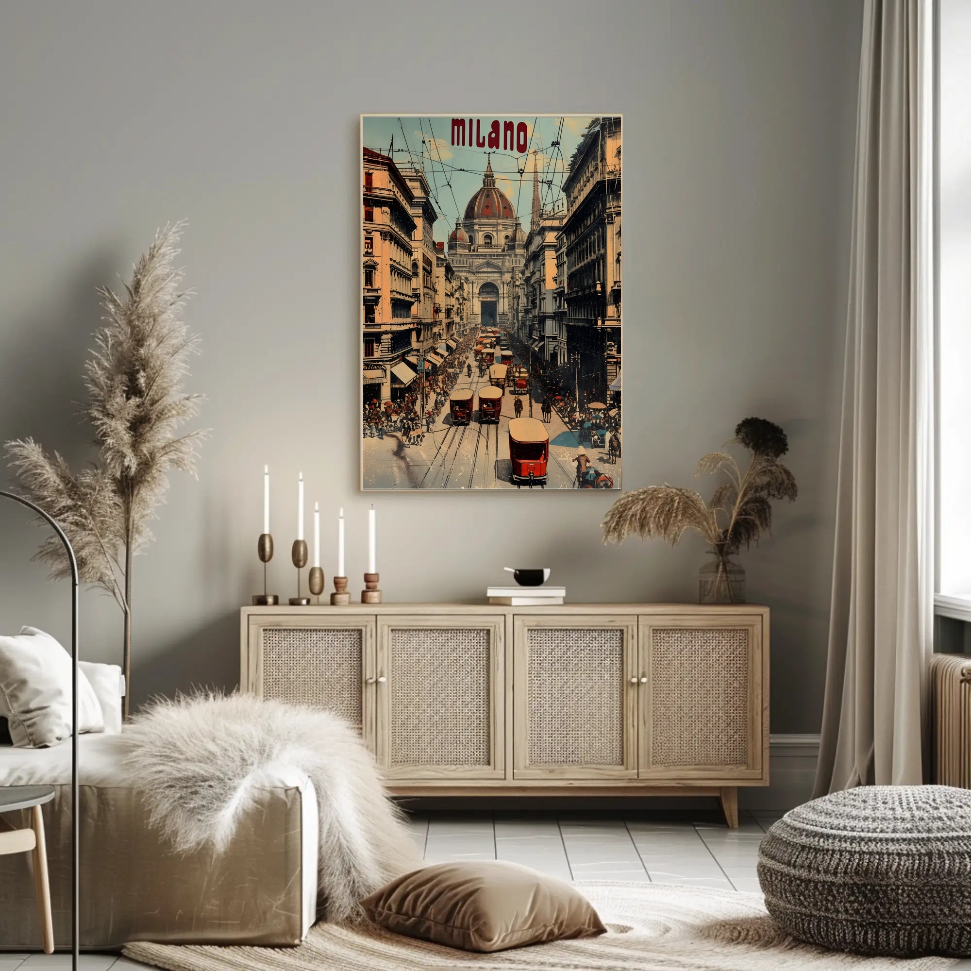 Bustling Milan Street Scene, Vintage Italian Cityscape Poster
