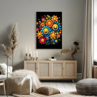 Joyful Floral Faces: Whimsical Art Poster Print