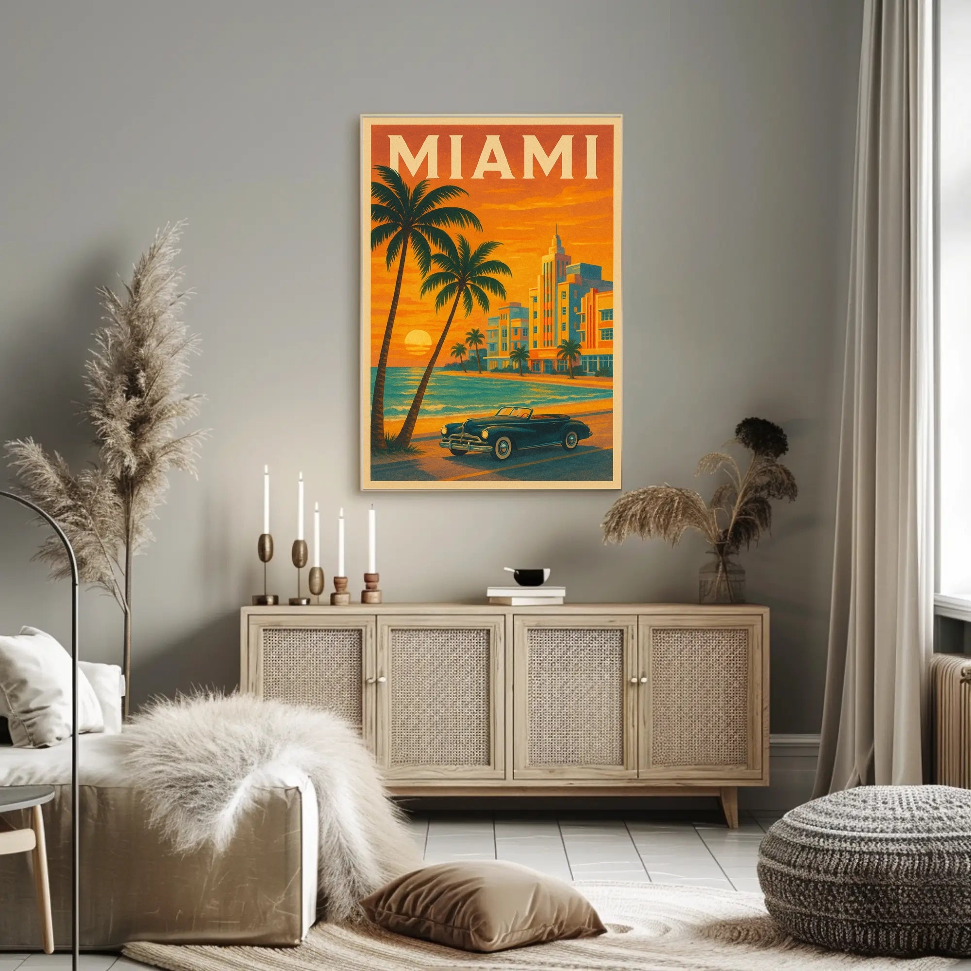 Miami Sunset Convertible - Vintage Travel Poster