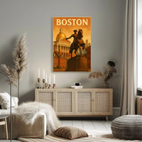 Boston's Grandeur: Equine Statue with State House Travel Poster