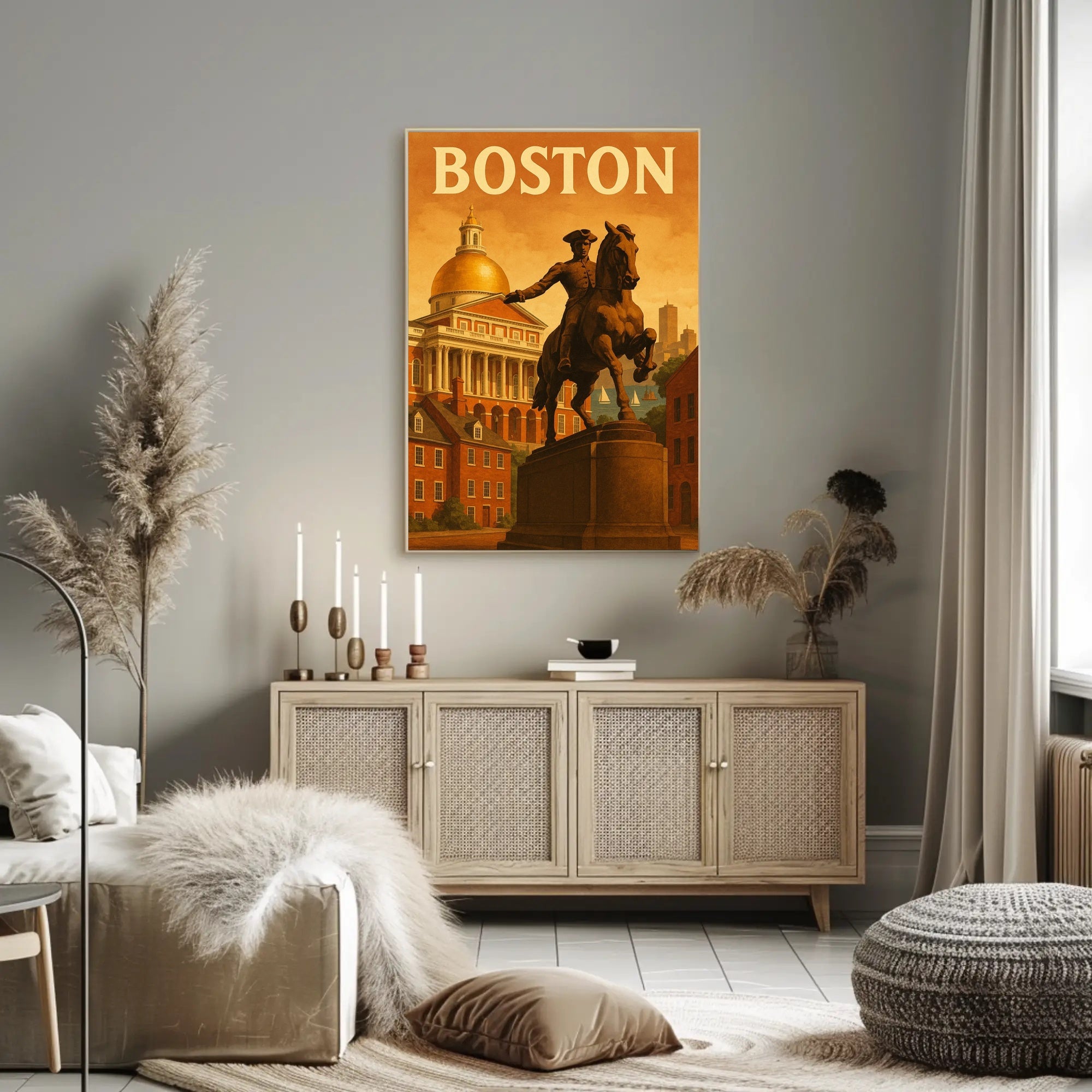 Boston's Grandeur: Equine Statue with State House Travel Poster