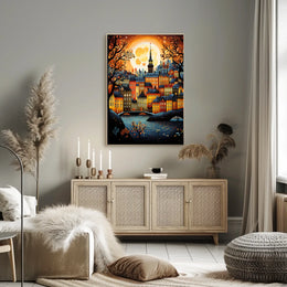 Vibrant Moonlit Classic European Townscape Art Travel Poster