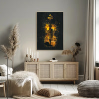 Golden Urban Cityscape Melodic Symphony Violin Silhouette Art Deco Impressionism Elegance Poster