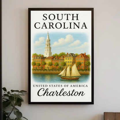 Charleston Waterfront With Sailboat Illustration Travel Poster