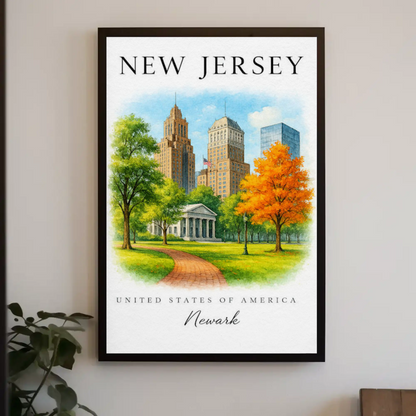 Newark New Jersey Historic Skyline Autumn Park Travel Poster