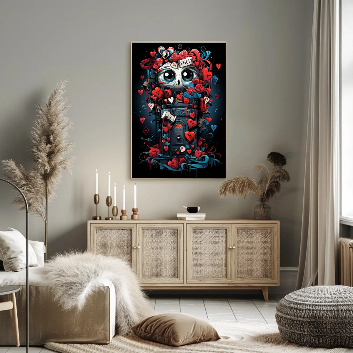 Whimsical Skull Art Poster with Hearts & Roses