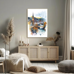 Enchanting Riverside Town Poster PosterGoat