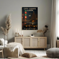 Urban Nightscape Snow City Lights Travel Poster