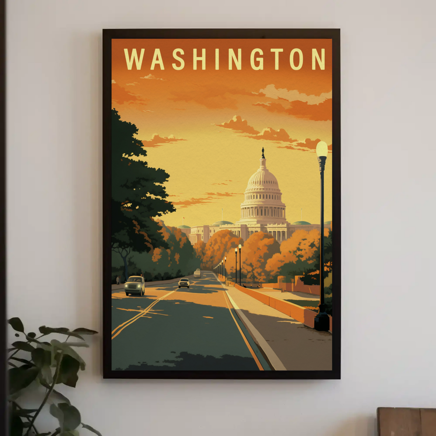 Washington USA Capitol Building Autumn Street Travel Poster