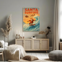 Santa Surfing Vintage Christmas Beach Poster