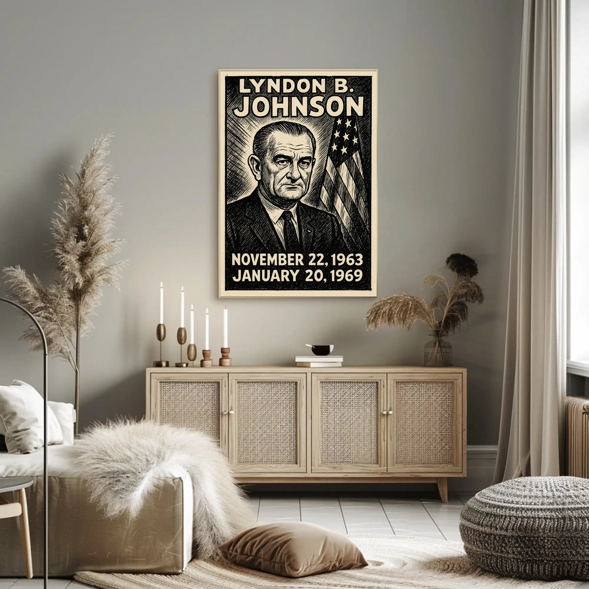 Lyndon B. Johnson 36th President of the United States B & W Comic Sketch Poster