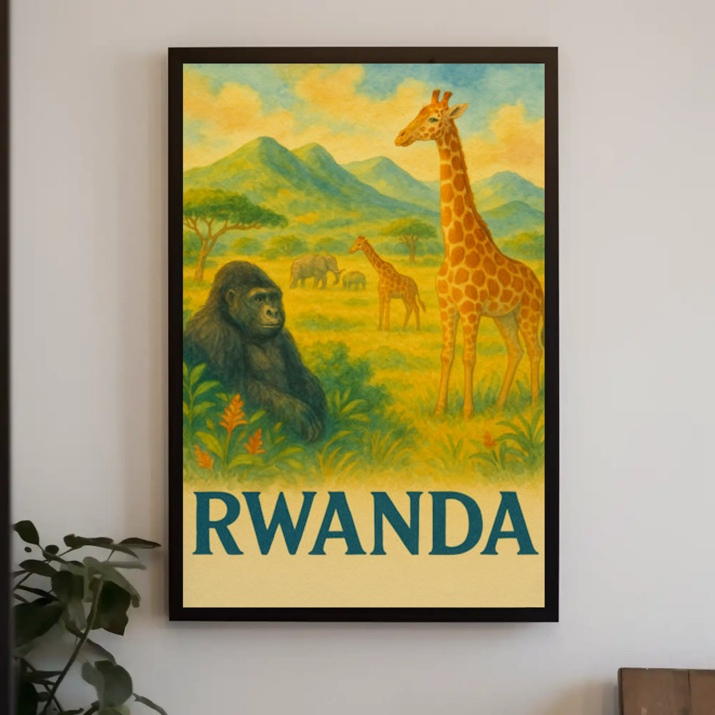 Rwanda Safari Animals Valley Scene Travel Poster