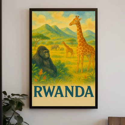 Rwanda Safari Animals Valley Scene Travel Poster