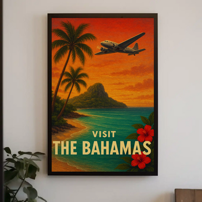 Visit The Bahamas Vintage Plane Ocean Paradise Travel Poster