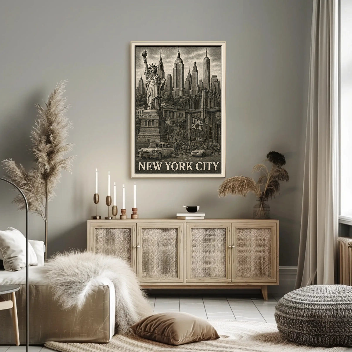 New York City Landmarks Engraved Poster Vintage Wall Art